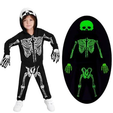 Imagem de Weixinbuy Skwleton Skwleton infantil fantasia de Halloween Skwleton moletom com zíper conjunto de calças com capuz e luvas, roupas luminosas de Halloween para meninos e meninas de 6 a 7 anos