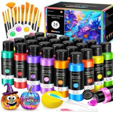 Imagem de Conjunto de tinta acrílica POPYOLA 24 cores 60mL com pincéis e paleta