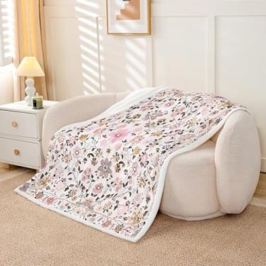 Imagem de Feelyou Cobertor Boho Floral Sherpa Pelúcia Fuzzy Bonito Impresso Cobertor de Lã Meninos Meninas Bege para Cama Sofá Cadeira Sala de Estar Kawaii Decoração de Quarto 101,6 cm x 127 cm
