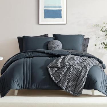 Imagem de Monbix Conjunto de edredom queen grande – 7 peças, azul e cinza, conjunto de cama queen com edredom, todas as estações, conjunto de cama alternativo com lençóis, fronhas e fronhas