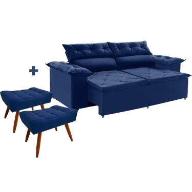Imagem de Conjunto sofá Compact 200 cm Molas Espirais retrátil reclinável com 2 Puffs Azul Ws Estofados