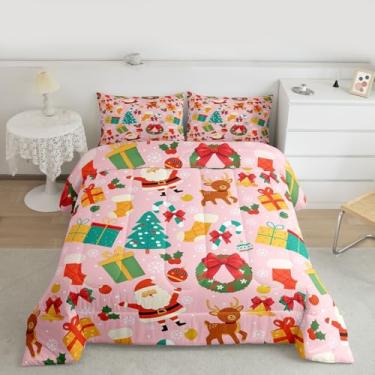 Imagem de jejeloiu Conjunto de edredom solteiro com desenho animado de Papai Noel, para crianças, meninos e meninas, estampa de veado, rosa, 2 peças com 1 fronha