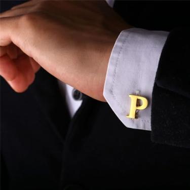 Imagem de Abotoaduras iniciais de aço inoxidável 26 abotoaduras de letra inicial do alfabeto camisas de casamento de negócios A-Z, One Size, Aço inoxidável, Sem Pedra Preciosa