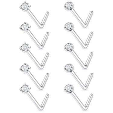 Imagem de Anéis de nariz e brincos de 20 g 18 g em forma de L diamante cirúrgico de aço inoxidável pequeno para mulheres, homens, orelha, saca-rolhas para joias, parafuso de 2 mm e 3 mm, 18g 2mm, Metal Cristal