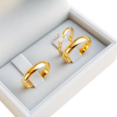 Imagem de Par De Alianças Tungstênio Solitário 4mm Banhada Ouro 18k Fina Resiste