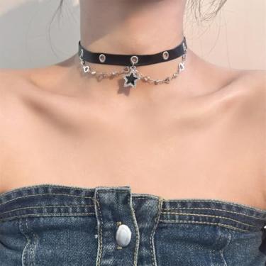 Imagem de Colar gargantilha preta estilo punk, camada dupla, couro sintético, pingente de estrela, corrente de clavícula, joia fashion feminina, 37 cm