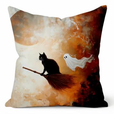 Imagem de Capa de almofada de vassoura fantasma de gato bruxo, fantasma assustador, lua cheia, decoração de casa, para sofá, Halloween, decoração de casa, 45 x 45 cm