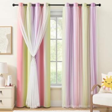 Imagem de XiDi Cortinas blackout com sobreposição transparente para quarto de meninas cortinas de camada dupla para quarto de crianças quarto de bebê escurecimento arco-íris princesa unicórnio decalques de