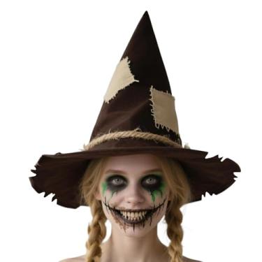 Imagem de Heyigrow Chapéu de bruxa com patch de espantalho para adultos, chapéu de feiticeiro de feltro marrom, acessórios de cosplay para baile de máscaras de Halloween