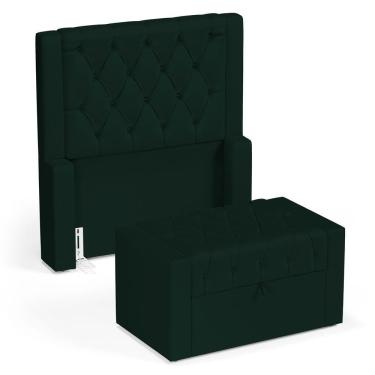 Imagem de Cabeceira E Calçadeira Báu Solteiro Atena 90cm Capitonê Veludo Verde Escuro - Desk Design