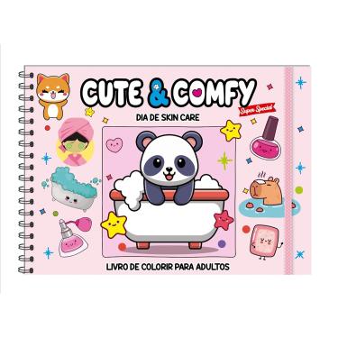 Imagem de Livro de Colorir Adultos Cute & Comfy — Skin Care, Capa Dura Holográfica (Panda Rosa)