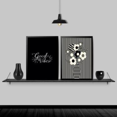 Imagem de Kit 2 Quadros Preto E Branco Good Vibes 33X24 Moldura Preta - Quadros 