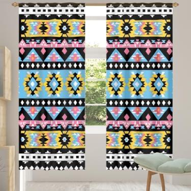Imagem de 2 conjuntos de painéis cortinas astecas étnicas listradas transparentes, cortinas transparentes arejadas com filtro leve, painéis de cortina de porta e janela para sala de estar, quarto, jantar, 192