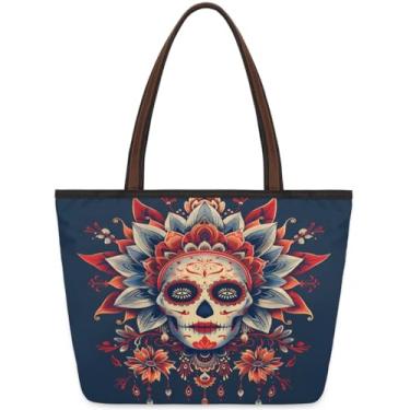 Imagem de Bolsa grande feminina étnica crânio Halloween trabalho pano sacos com zíper reutilizável mercearia bolsa casual viagem pernoite tote bolsas adequadas para viagens, trabalho, férias, praia, compras
