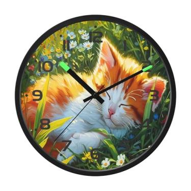 Imagem de SEHANY Relógio de parede de gato fofo, silencioso, sem tique-taque, operado por bateria, controle de som, luz noturna, relógios de parede para sala de estar, cozinha, quarto, escritório, decoração de