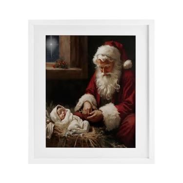 Imagem de Stupell Industries "Santa Believes with Baby Jesus", impressão emoldurada sob vidro, branca, 33 x 40 cm