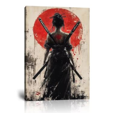 Imagem de Impressão de arte de parede com imagem de samurai de gueixa, decoração de parede de samurai japonês, para casa, sala de estar, quarto, arte asiática, emoldurada, pronta para pendurar (61 cm L x 91 cm