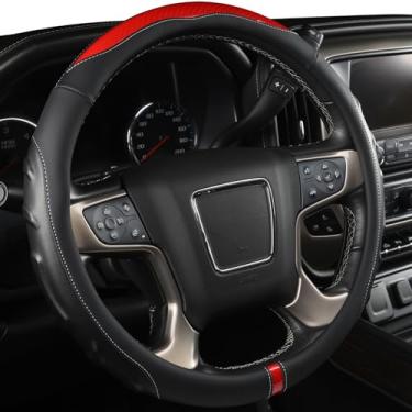 Imagem de Capas de volante para Silverado Sierra F-150 RAM Thundra Tacoma, aderência de massagem de couro napa esportivo de fibra de carbono, antiderrapante, vermelho tamanho grande (48 a 40 cm)
