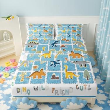 Imagem de QOOMO Jogo de lençol infantil de desenho animado de dinossauro, leve para todas as estações, azul para decoração de quarto, 1 lençol com elástico, 1 lençol de cima, 2 fronhas