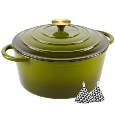 Imagem de Miereirl Panela de forno holandês esmaltada de 6 litros com tampa, forno holandês de ferro fundido com duas alças para assar pão, cozinhar, panelas revestidas de esmalte antiaderente, verde dourado