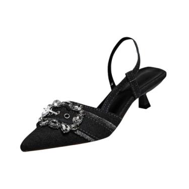 Imagem de Sandálias femininas de salto alto vazadas de strass de bico fino para uso casual e versátil primavera verão moderno calçado de lazer ao ar livre inclui caixa de sapatos, Preto, 38