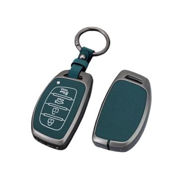 Imagem de Capa de couro para chave de carro em liga de zinco, suporte compatível com Hyundai Tucson Santa Fe Rena Sonata Elantra Creta Ix35 Ix45 I10 I30 I40(E-Style 1- Green)