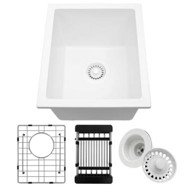 Imagem de MONSINTA Pia de barra branca, pia de cozinha de 33 cm x 38 x 25 cm, pia de cozinha composta de granito de 33 polegadas pequena e profunda com acessórios, 33 x 38 cm pias de barra de pedra de quartzo