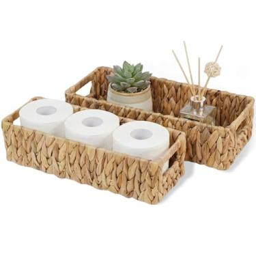 Imagem de S310 Cestas de papel higiênico de jacinto de água, organizador de banheiro, cestas longas e estreitas, cesta pequena de vime, pacote com 2