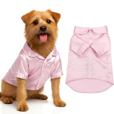 Imagem de Cosblank Pijamas de seda para animais de estimação, pijamas de cetim, lapela de seda sintética macia, duas pernas, roupa de dormir para cães pequenos, festa nupcial (M, rosa)