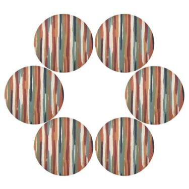 Imagem de Wassud Jogo americano conjunto de 6 tapetes redondos com listras em tons de terra para cozinha e jantar, tapetes laváveis e resistentes ao calor, decoração de mesa 39 cm