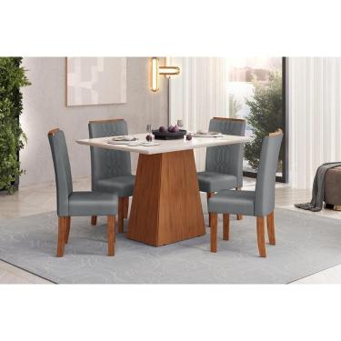 Imagem de Conjunto: Mesa de Cozinha Dulce c/ Tampo Madeirado c/ Vidro Reto 120x90cm e 4 Cadeiras Zoe Freijo/Off White - Suede Lunar - DJ Móveis