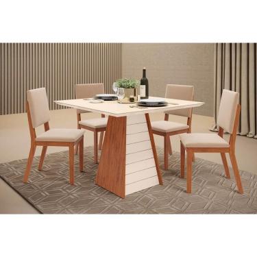 Imagem de Conjunto: Mesa de Cozinha Fler c/ Tampo Madeirado c/ Vidro 90x90cm e 4 Cadeiras Talia Freijo/Off White - Suede Creme - DJ Móveis