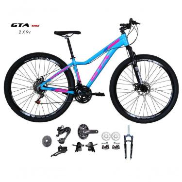 Imagem de Bicicleta Aro 29 Feminina Gta Start Kit 2x9 Gta Sunrun Disco K7 11/36 Pedivela 24/38d Garfo Trava - Azul/rosa Tam.15.5