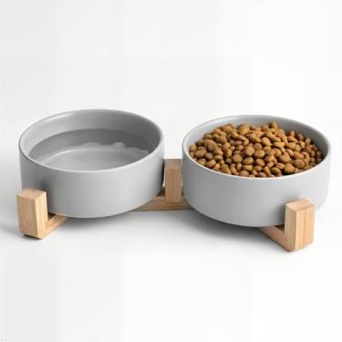 Imagem de Kimdio Tigela de cerâmica para cães e gatos com suporte de madeira antiderrapante fosco conjunto de água para alimentos para gatos e cães pequenos