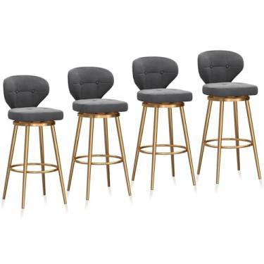 Imagem de Banquetas de barra douradas conjunto de 4 bancos altos giratórios de veludo moderno com encosto e apoio para os pés banco de ilha de cozinha cadeiras de bar giratório, 65 cm A, cinza