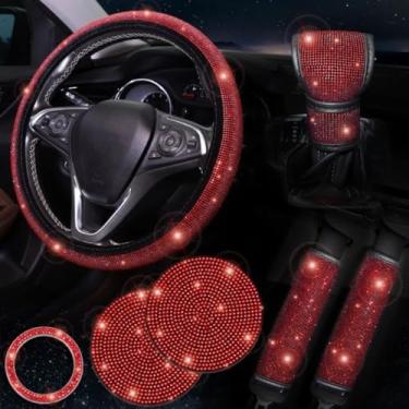 Imagem de Conjunto de Acessórios Automotivos 7 Peças - Capa de Volante com Strass Brilhante e Capas de Cinto de Segurança, Decorativo e Protetor (Vermelho,38cm)