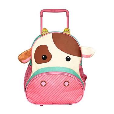 Imagem de Mochila Escolar Infantil Passeio Vaca Rosa c/ Rodinhas Bolsos Alças Zí