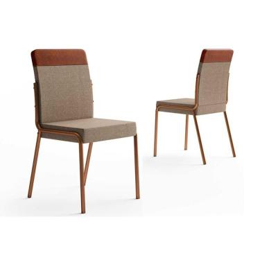Imagem de Cadeira Sala De Jantar Duo 1739 Aço Kit 2 Uni Cobre/linho Areia/courino Caramelo - Carraro