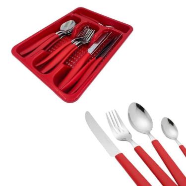 Imagem de Jogo de Talheres Cabo Vermelho 24 Peças Aço Inox Plástico para Refeições Yeet