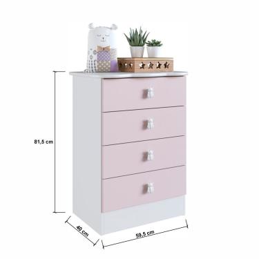 Imagem de Conjunto Quarto de Bebê Céu Rosa com Cômoda 4 Gavetas em MDP e Madeira Maciça 133cm Rosa Percasa Móveis