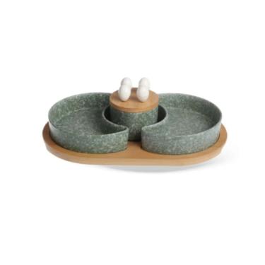 Imagem de Conjunto de Petisqueiras Verde Granito 8 Peças em Porcelana e Bambu com Espetos para Servir Petiscos BTC Decor