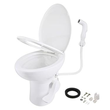 Imagem de SEAFLO Vaso sanitário de porcelana para trailer com acessório de pulverizador - tigela alongada de 48 cm de altura residencial, descarga por gravidade, pedal de fechamento macio, assento de campista