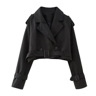 Imagem de Ruixinxue Casaco curto feminino moderno trench coat leve slim fit casaco curto casaco outono com cinto, Preto, G