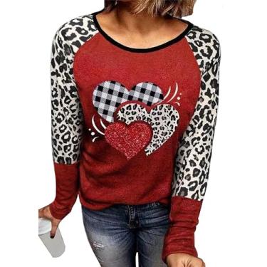 Imagem de Camiseta feminina para o Dia dos Namorados Buffalo Xadrez Love Heart Graphic Tees Letter Print Splicing Camisetas de manga comprida, Vermelho, XXG
