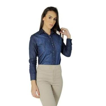 Imagem de Camisa Social Feminina Manga Longa Azul Jeans Slim-Feminino