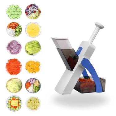 Imagem de Cortador e Fatiador Multifuncional de Inox - Mandolin Slicer Profissional com 5 Funções, 8 Tipos de Cortes, Espessura Ajustável 0,1-8 mm, Ralador Manual para Frutas, Verduras e Legumes (Azul)