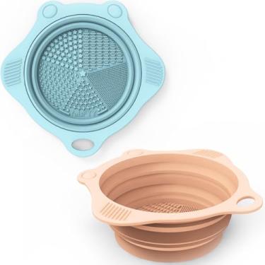 Imagem de 2 tigelas dobráveis de silicone para limpeza de pincéis de maquiagem, YalsFTY ferramenta de limpeza portátil para pincéis de maquiagem (Caqui e azul)