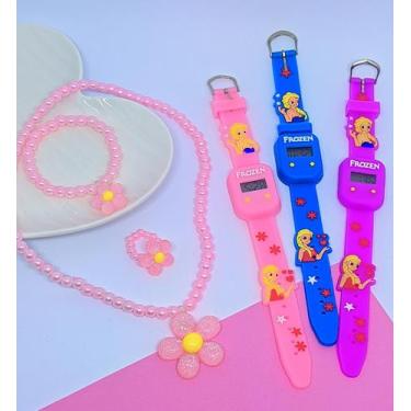 Imagem de Kit Relógio Infantil Digital Menina Silicone Desenho 3D Minnie Mickey 