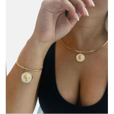 Imagem de Kit Conjunto Colar e Pulseira Feminino Elo Aro Liso com Pingente Medal