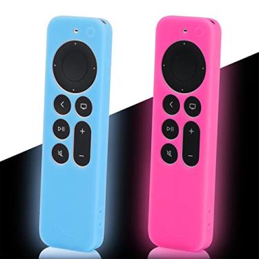 Imagem de LEFXMOPHY Capas de substituição para controle remoto Apple TV Glow in The Dark New 4K Siri 2ª geração 2021 3ª geração 2022 2023 2024 controlador, capa de silicone com cordão, pacote com 2 azul e rosa